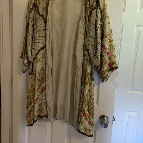 1920s Flapper Style Birjand Gunit Gold Beaded Jacket Duster Silk Art Deco - Picture 2 of 9